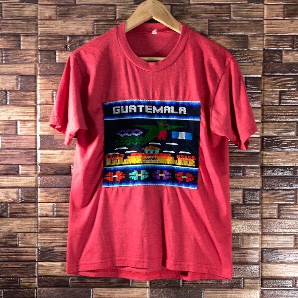 Vintage Hand Embroidered Guatemala Red Shirt Mens Small